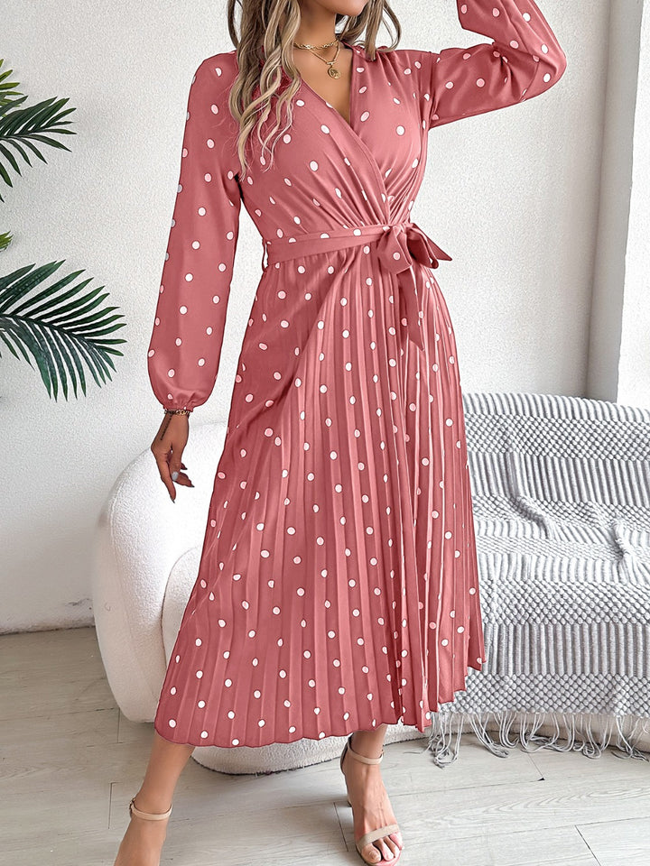 Tied Polka Dot Long Sleeve Midi Dress | Trendsi