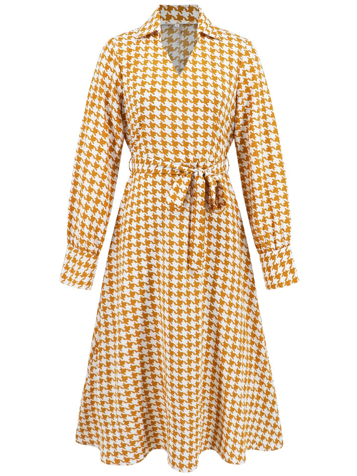 Tied Houndstooth Long Sleeve Midi Dress | Trendsi