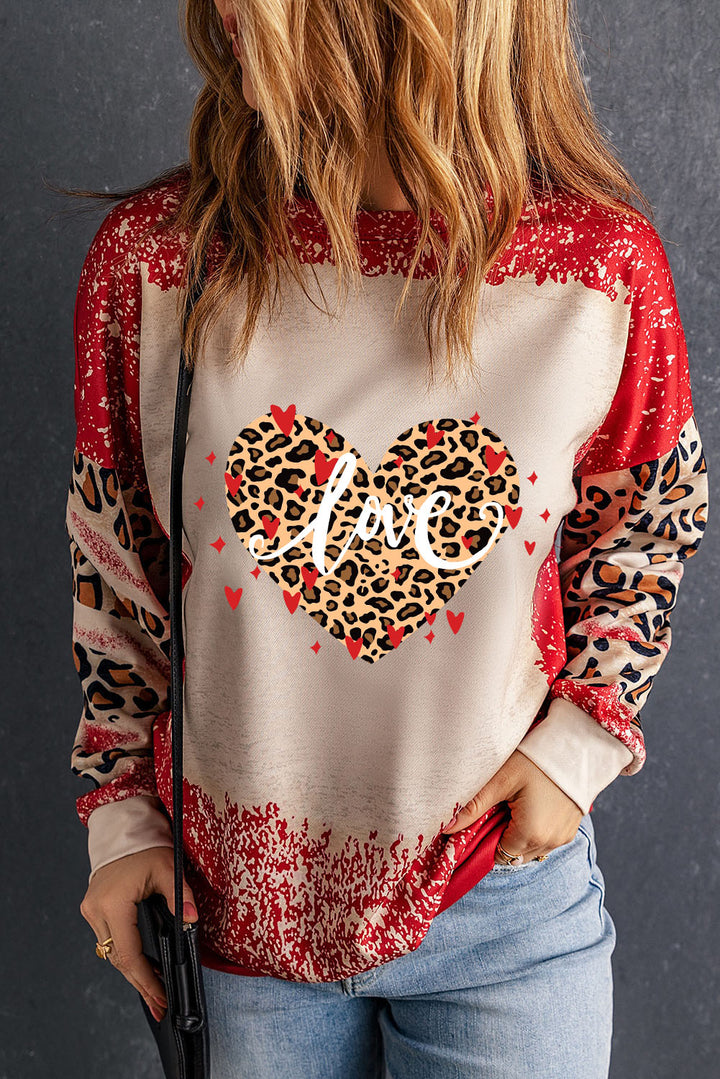 LOVE Heart Leopard Round Neck Sweatshirt | Trendsi