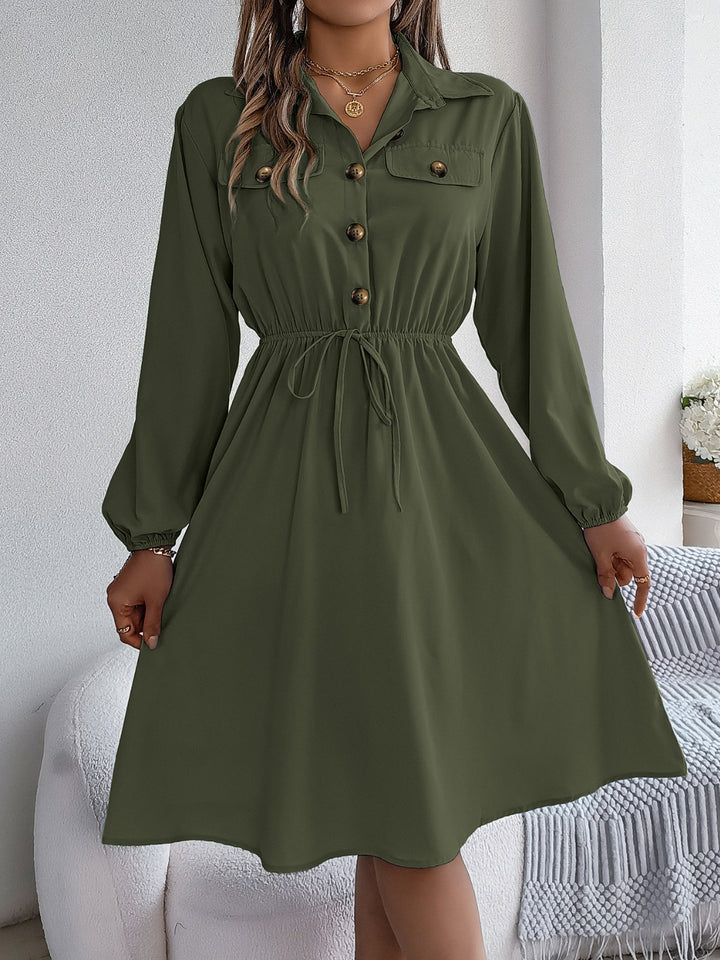 Collared Neck Long Sleeve Dress with Pockets | Trendsi