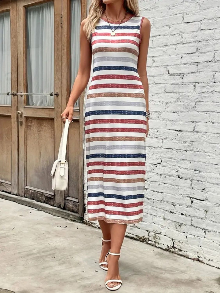 Slit Printed Round Neck Sleeveless Dress | Trendsi