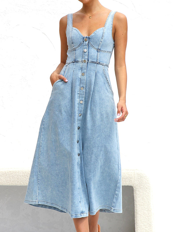 Sweetheart Neck Wide Strap Denim Dress | Trendsi