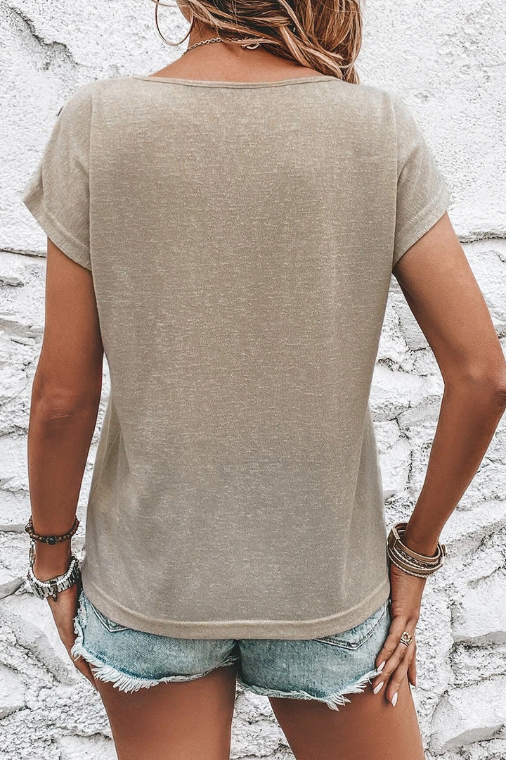 Decorative Button Graphic Round Neck Short Sleeve T-Shirt | Trendsi