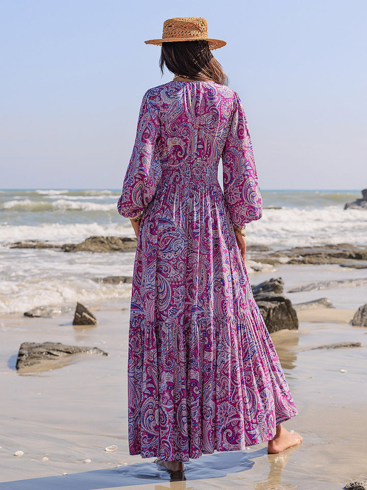 Printed Tie Neck Balloon Sleeve Maxi Dress | Trendsi