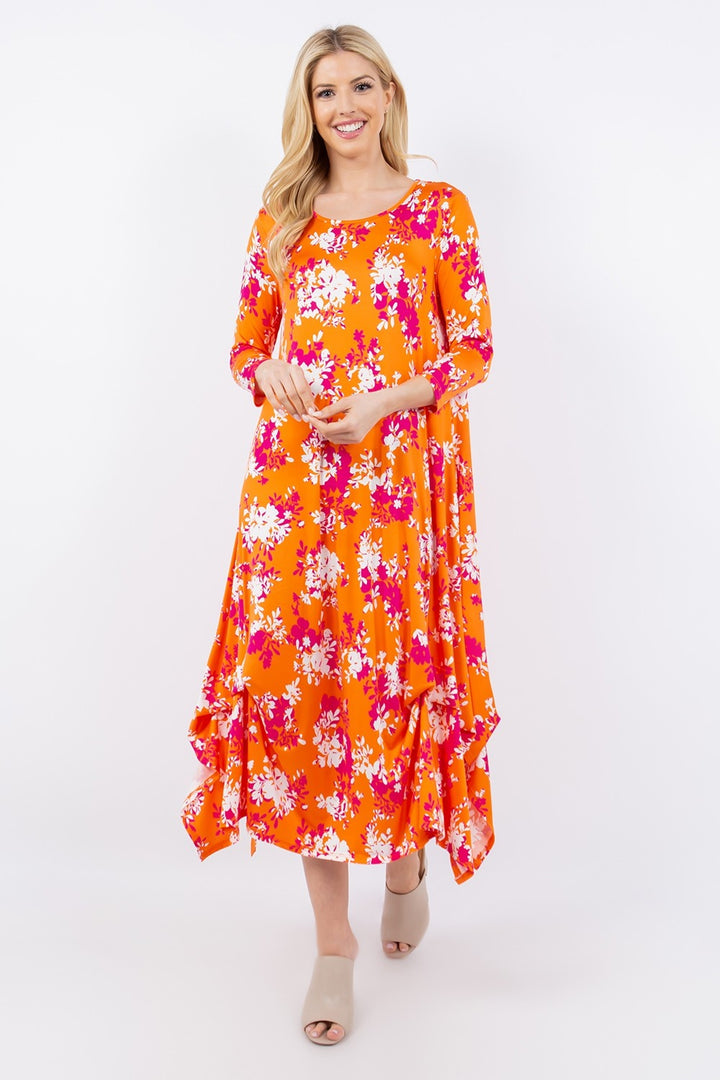 Celeste Full Size Pick-Up Hem Asymmetric Floral Midi Dress | Trendsi