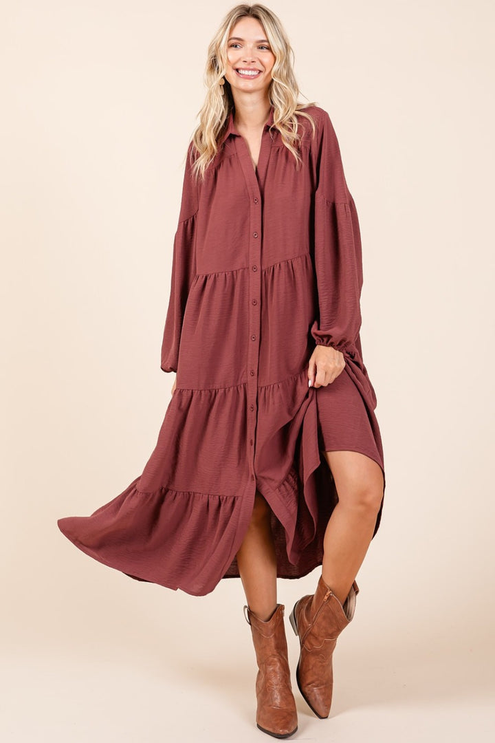 Mittoshop Tiered Button Down Long Sleeve Midi Dress | Trendsi