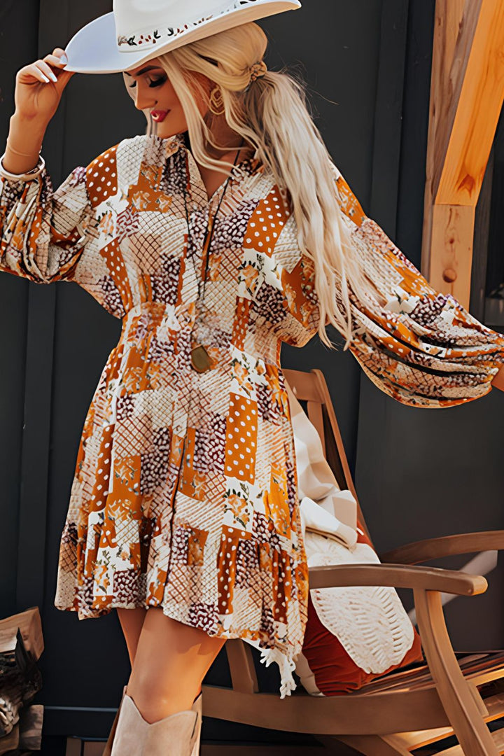 Printed Collared Neck Three-Quarter Sleeve Mini Shirt Dress | Trendsi