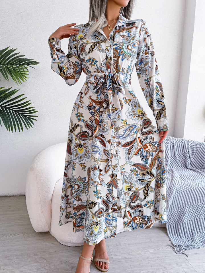 Tied Printed Long Sleeve Midi Dress | Trendsi