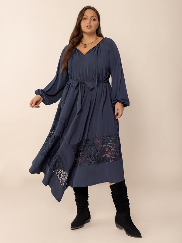 Plus Size Lace Detail Tie Neck Long Sleeve Midi Dress | Trendsi