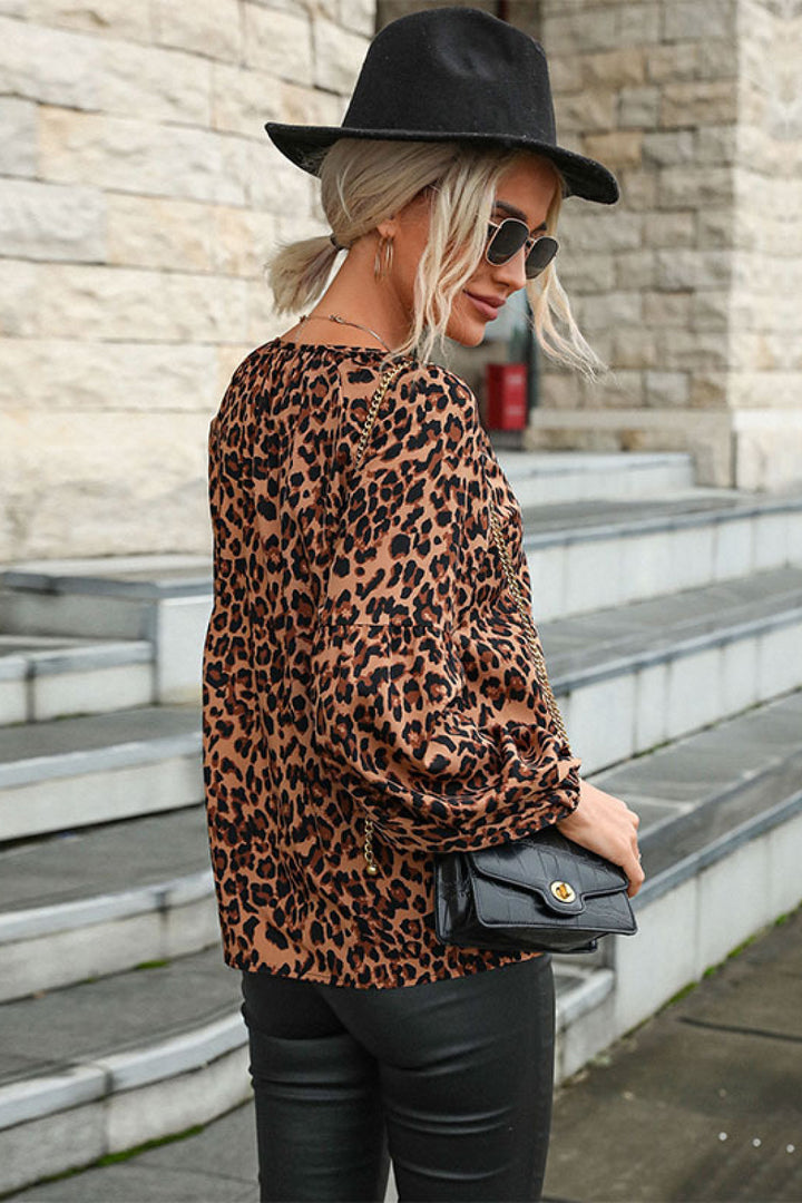 Perfee Leopard Lantern Sleeve Blouse | Trendsi