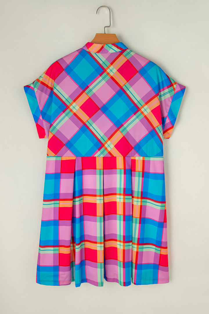 Plaid Notched Short Sleeve Mini Dress | Trendsi