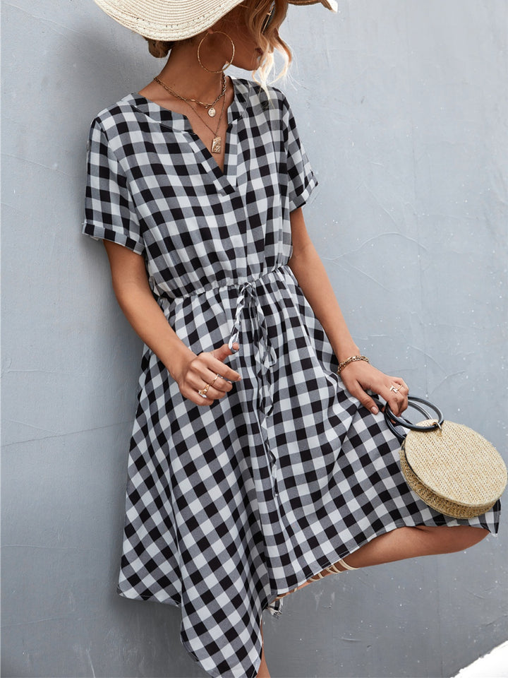 Plaid Notched Short Sleeve Dress | Trendsi