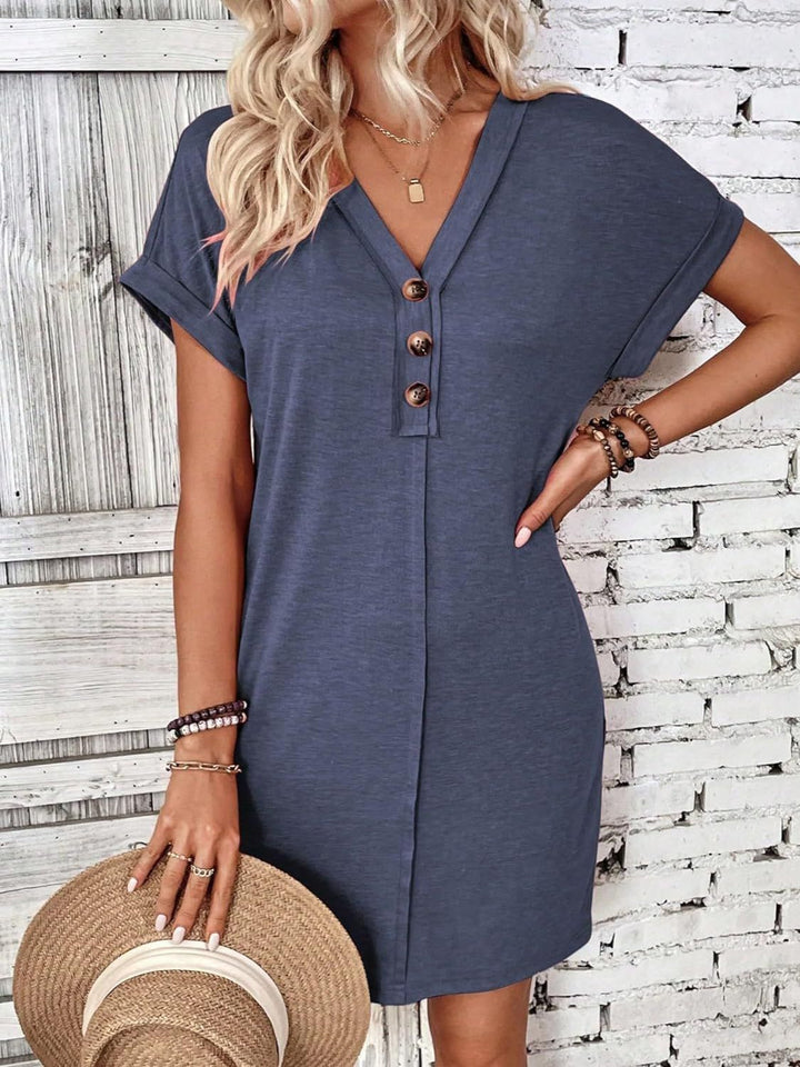 Quarter Button V-Neck Short Sleeve Dress | Trendsi