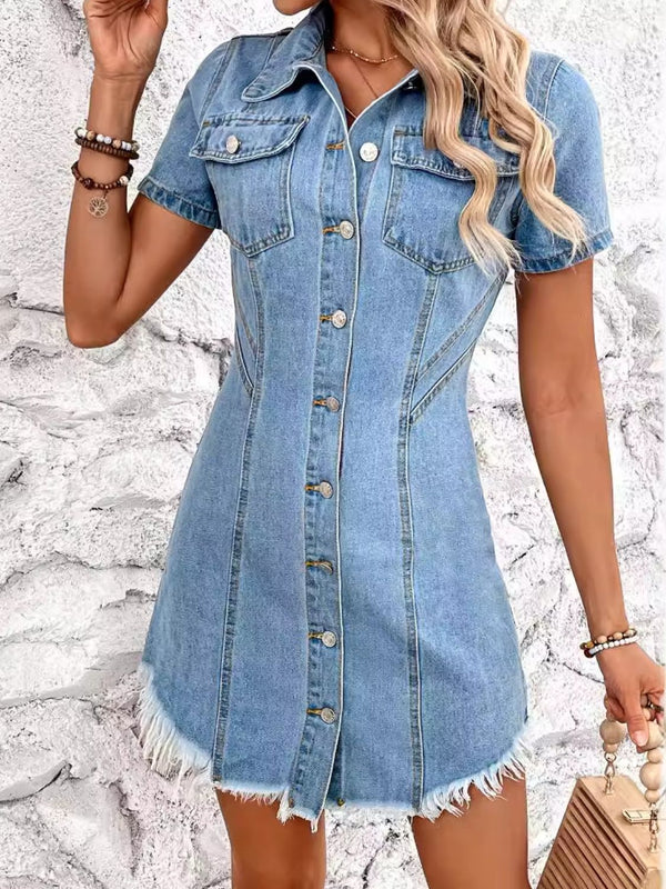 Raw Hem Button Up Short Sleeve Denim Dress | Trendsi