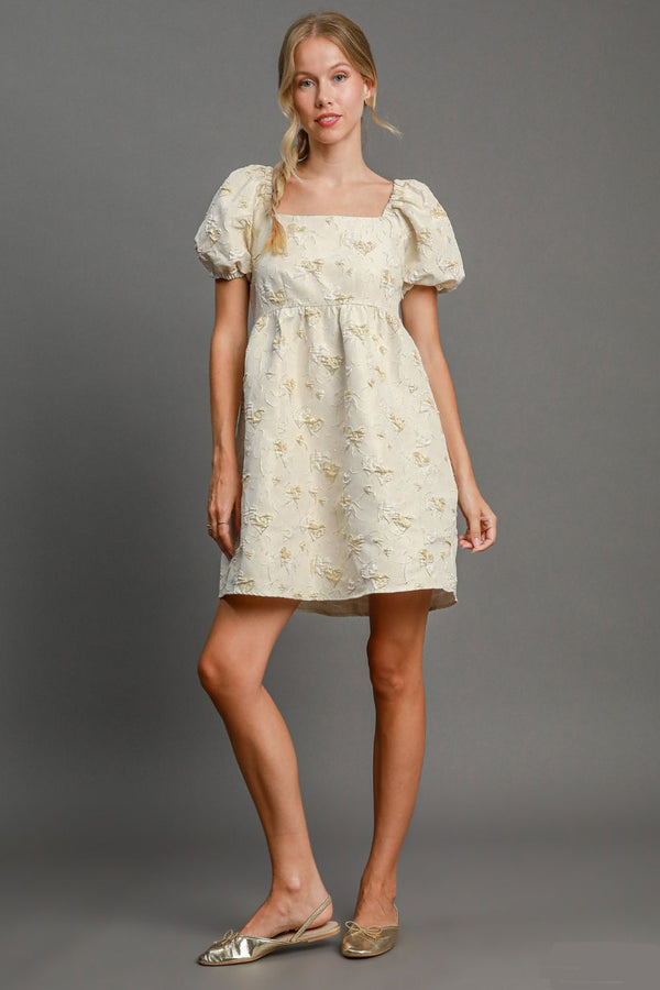 Umgee Heart Jacquard Square Neck Puff Sleeve Mini Dress | Trendsi