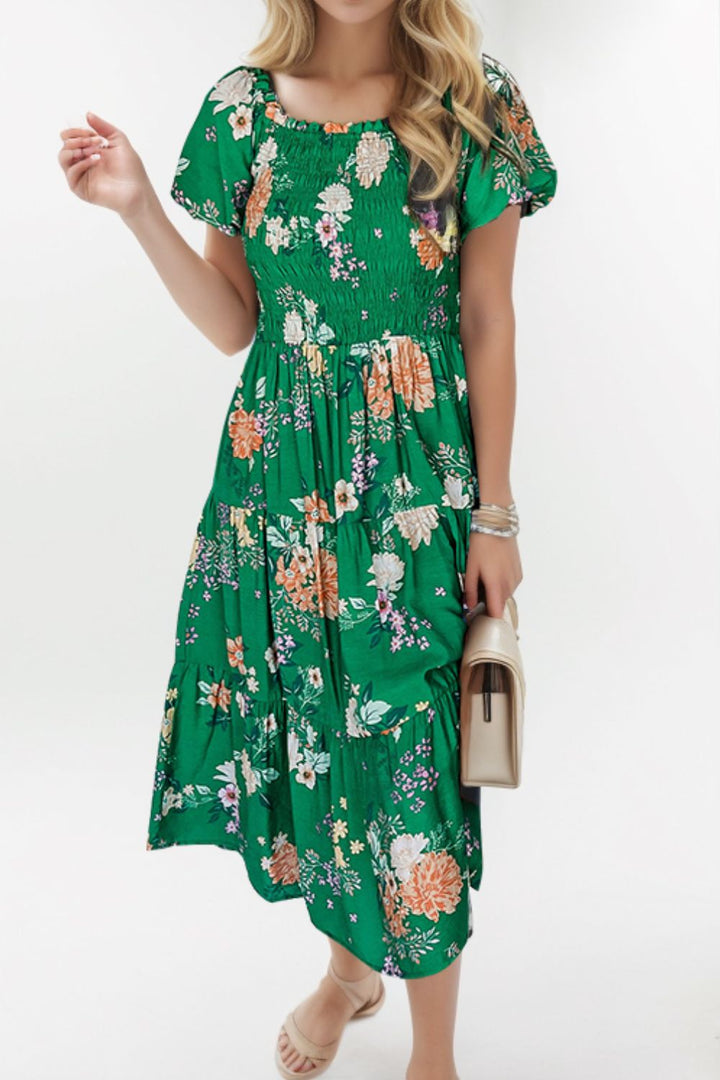 Smocked Printed Puff Sleeve Midi Dress | Trendsi