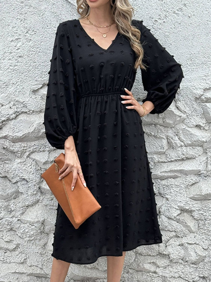 Full Size Swiss Dot V-Neck Long Sleeve Midi Dress | Trendsi