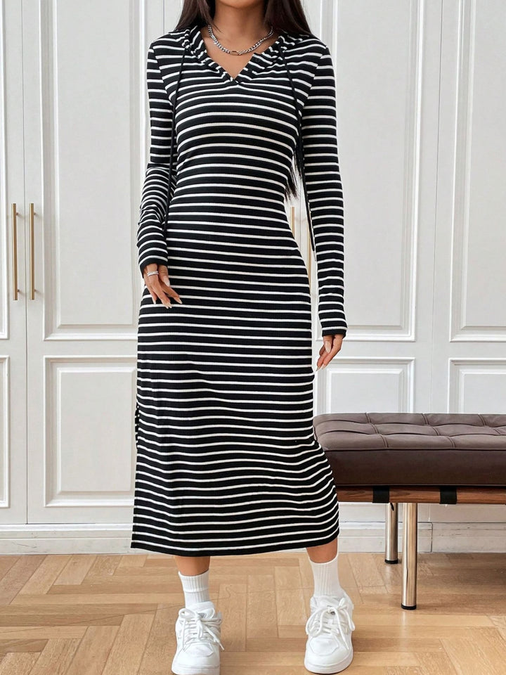 Drawstring Striped Long Sleeve Hooded Dress | Trendsi