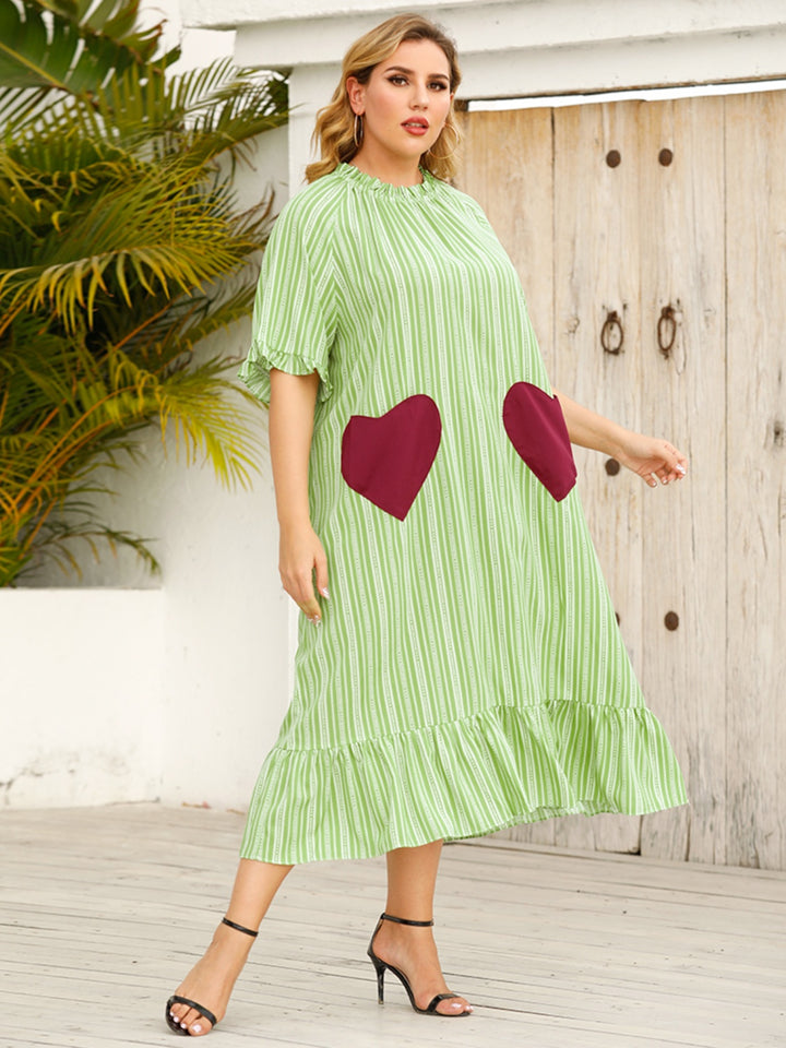 Plus Size Frill Heart Striped Half Sleeve Dress | Trendsi