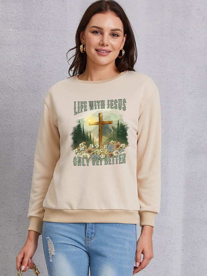 Graphic Round Neck Dropped Shoulder Sweatshirt | Trendsi