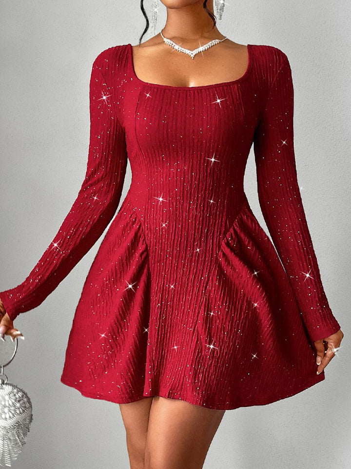 Backless Glitter Square Neck Long Sleeve Mini Dress | Trendsi