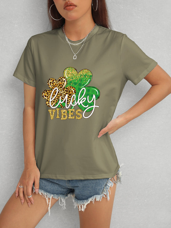 LUCKY VIBES Round Neck Short Sleeve T-Shirt | Trendsi