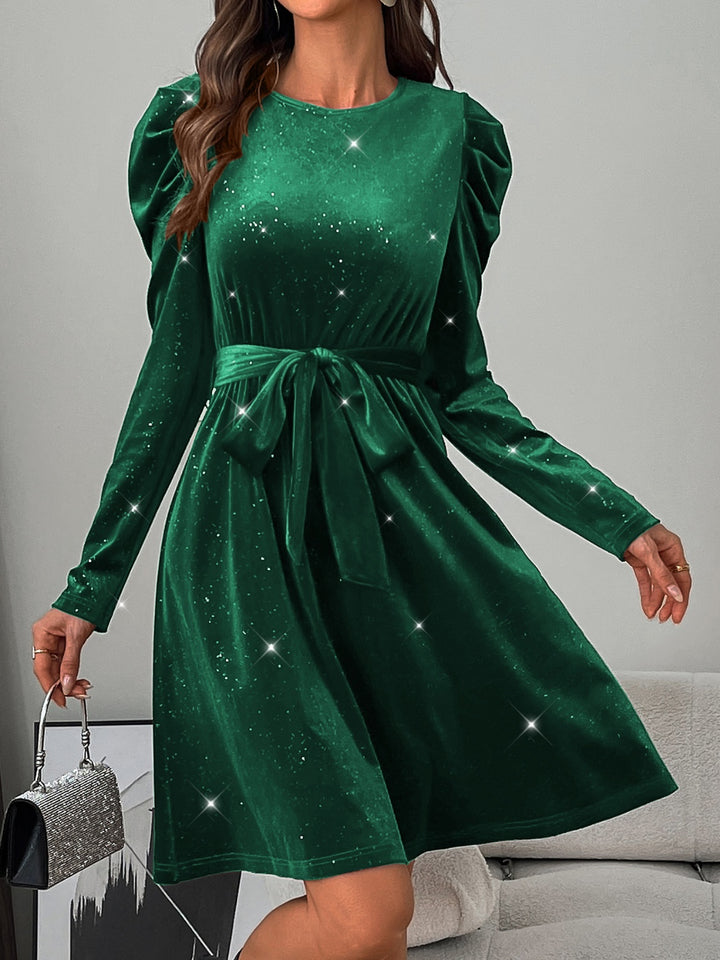 Glitter Round Neck Puff Sleeve Dress | Trendsi