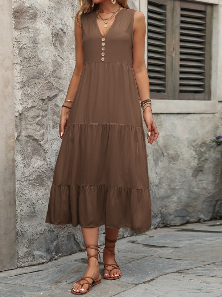 Decorative Button Notched Sleeveless Dress | Trendsi