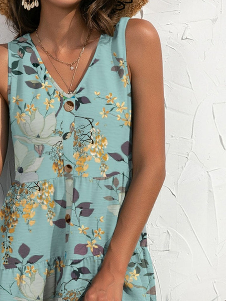 FAM-FAM Printed V-Neck Sleeveless Mini Dress | Trendsi