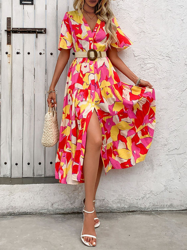 Printed V-Neck Flutter Sleeve Midi Dress | Trendsi