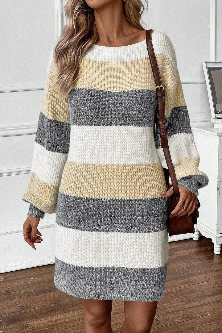 Color Block Boat Neck Long Sleeve Sweater Dress | Trendsi