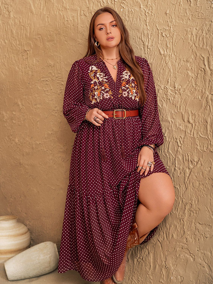 Plus Size Embroidered Polka Dot Tie Neck Long Sleeve Midi Dress | Trendsi