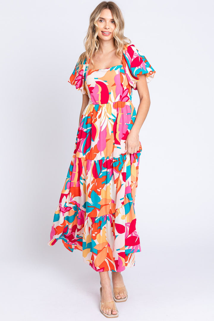 GeeGee Full Size Printed Smocked Back Tiered Maxi Dress | Trendsi