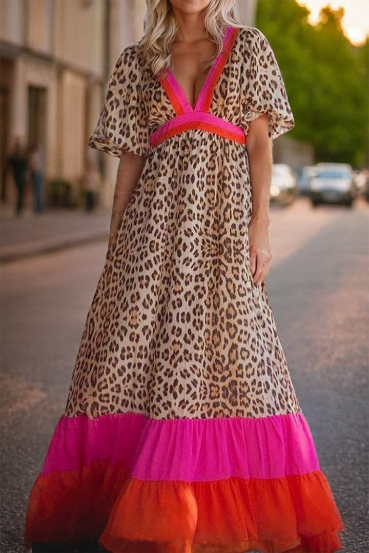 Full Size Leopard V-Neck Half Sleeve Maxi Dress | Trendsi