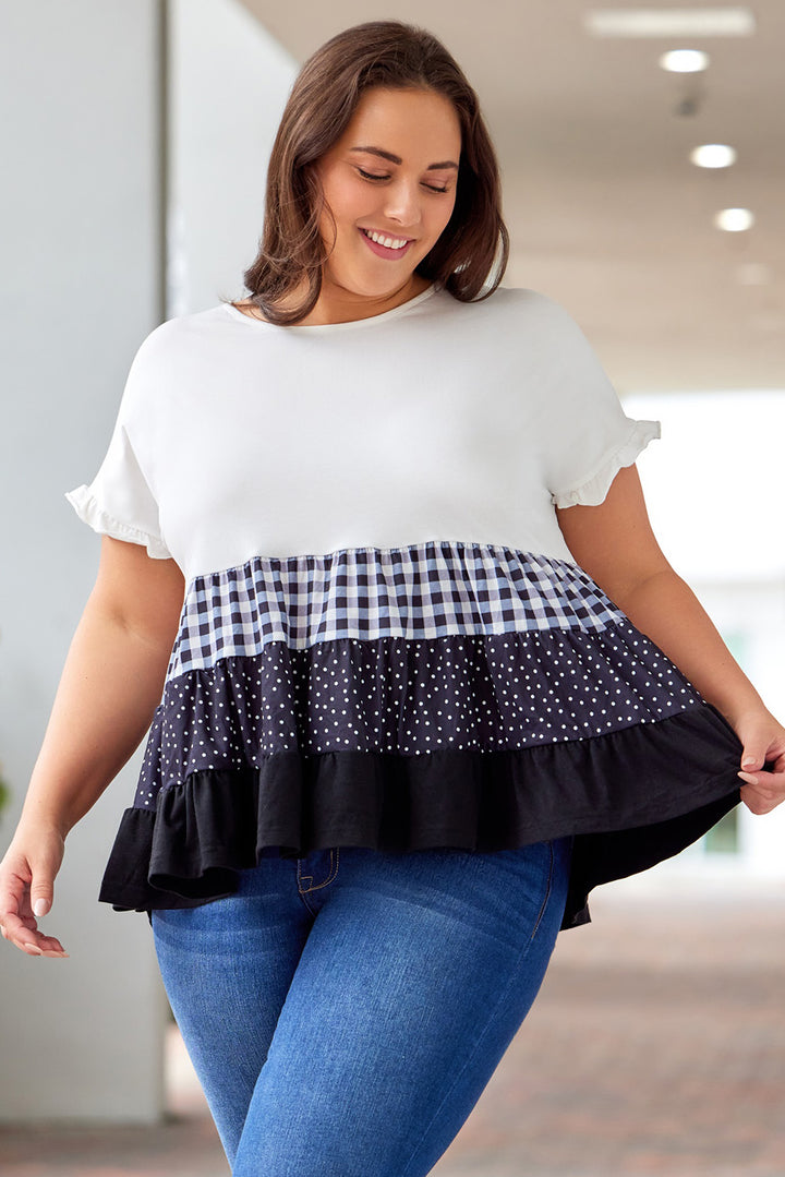 Plus Size Plaid Color Block Tiered Blouse | Trendsi