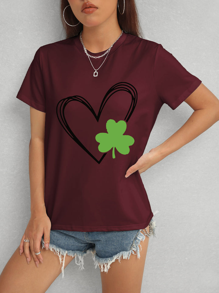 Heart Lucky Clover Short Sleeve T-Shirt | Trendsi