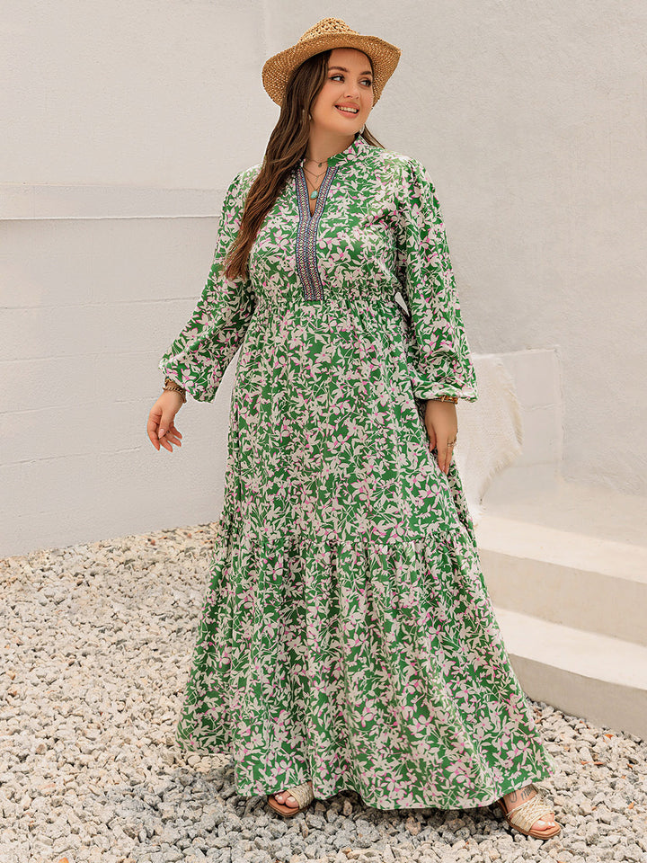 Plus Size Printed Notched Long Sleeve Maxi Dress | Trendsi