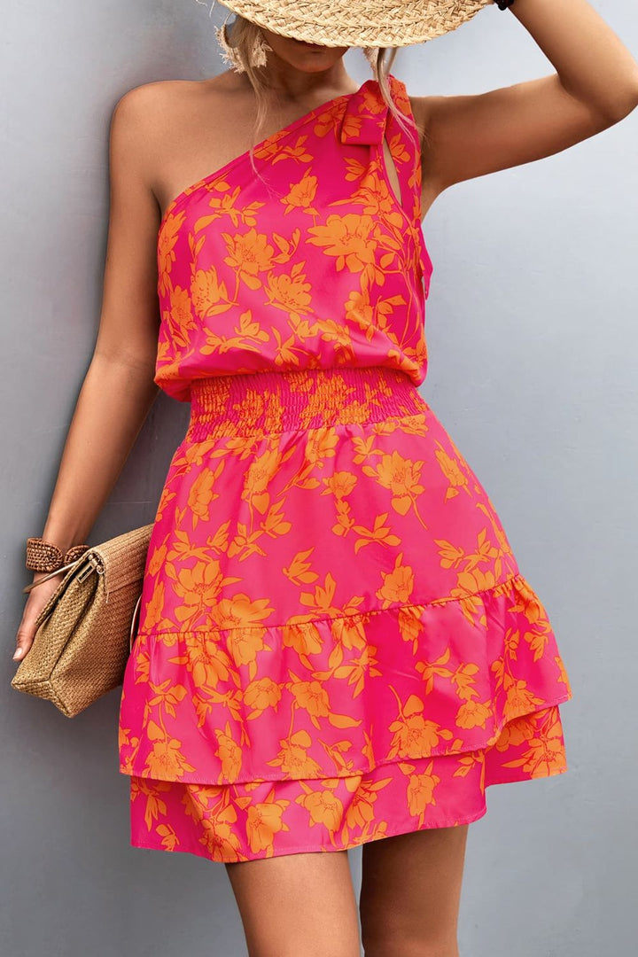 Tied Smocked Printed Single Shoulder Dress | Trendsi