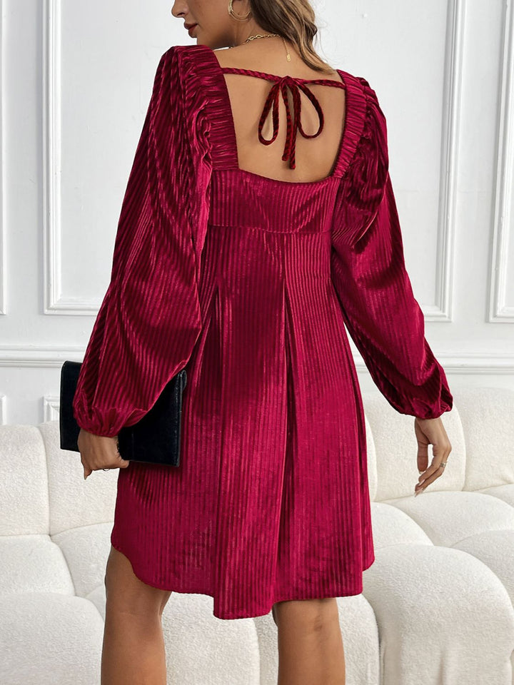 Perfee Tied Pocketed Square Neck Long Sleeve Dress | Trendsi