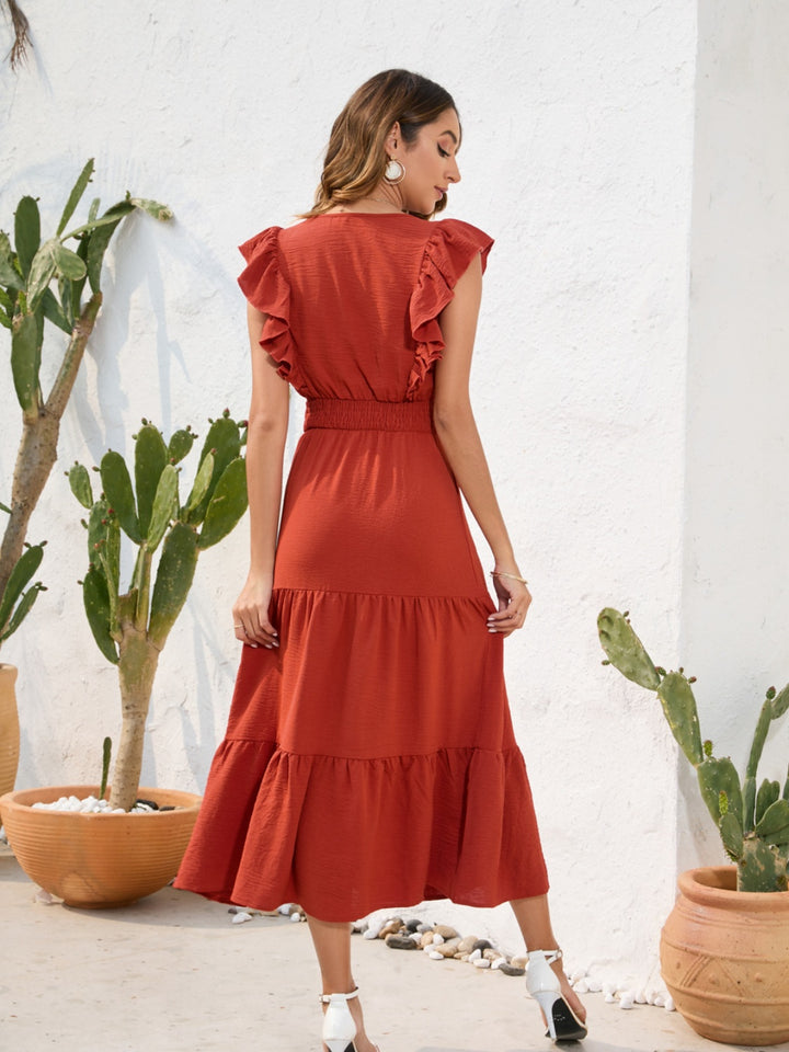 Tiered Ruffled V-Neck Cap Sleeve Dress | Trendsi