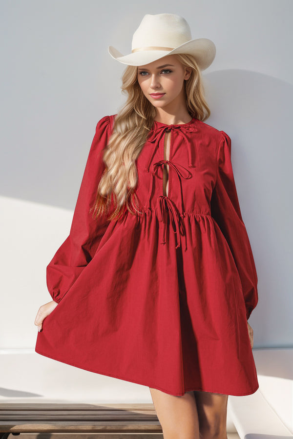 Double Take Christmas Front Tied Long Sleeve Mini Dress | Trendsi