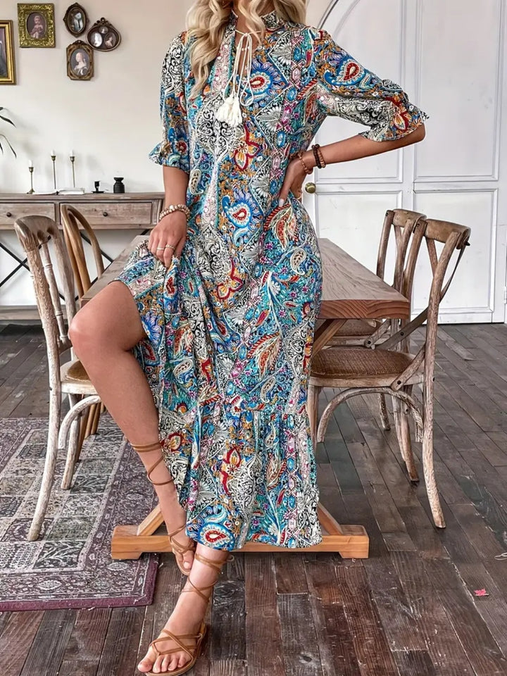 Printed Tie Neck Flounce Sleeve Midi Dress | Trendsi