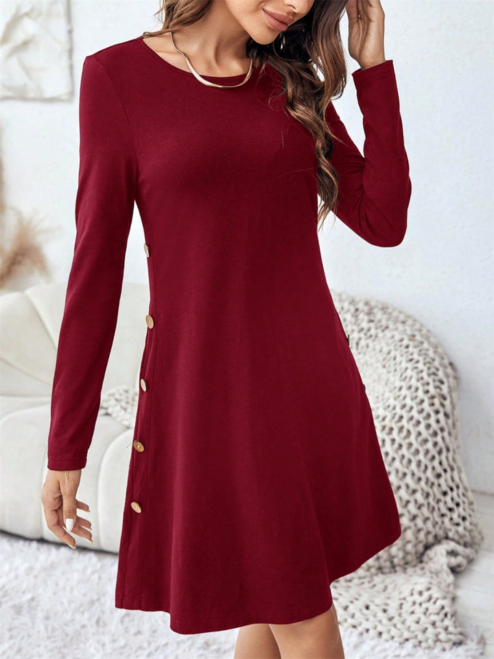 Round Neck Long Sleeve Mini Dress with Pockets | Trendsi