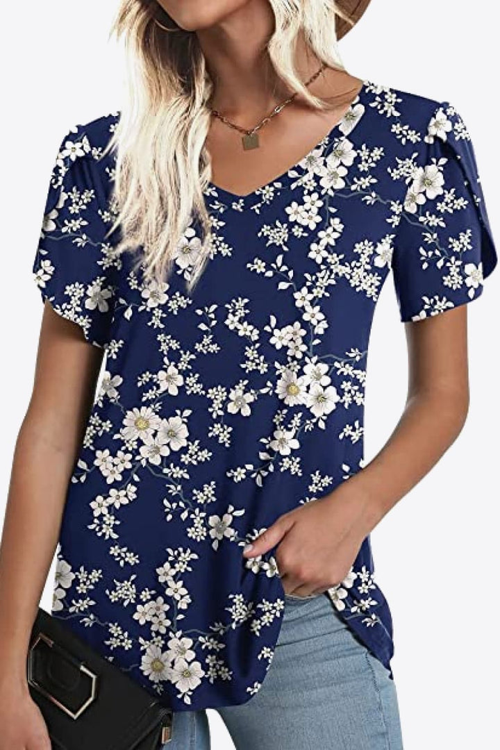 Printed Petal Sleeve V-Neck Blouse | Trendsi