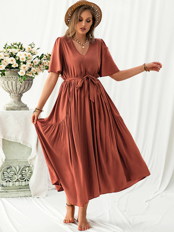 Plus Size V-Neck Flutter Sleeve Midi Dress | Trendsi