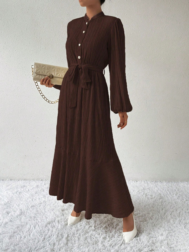 Half Button Tie Waist Long Sleeve Maxi Dress | Trendsi