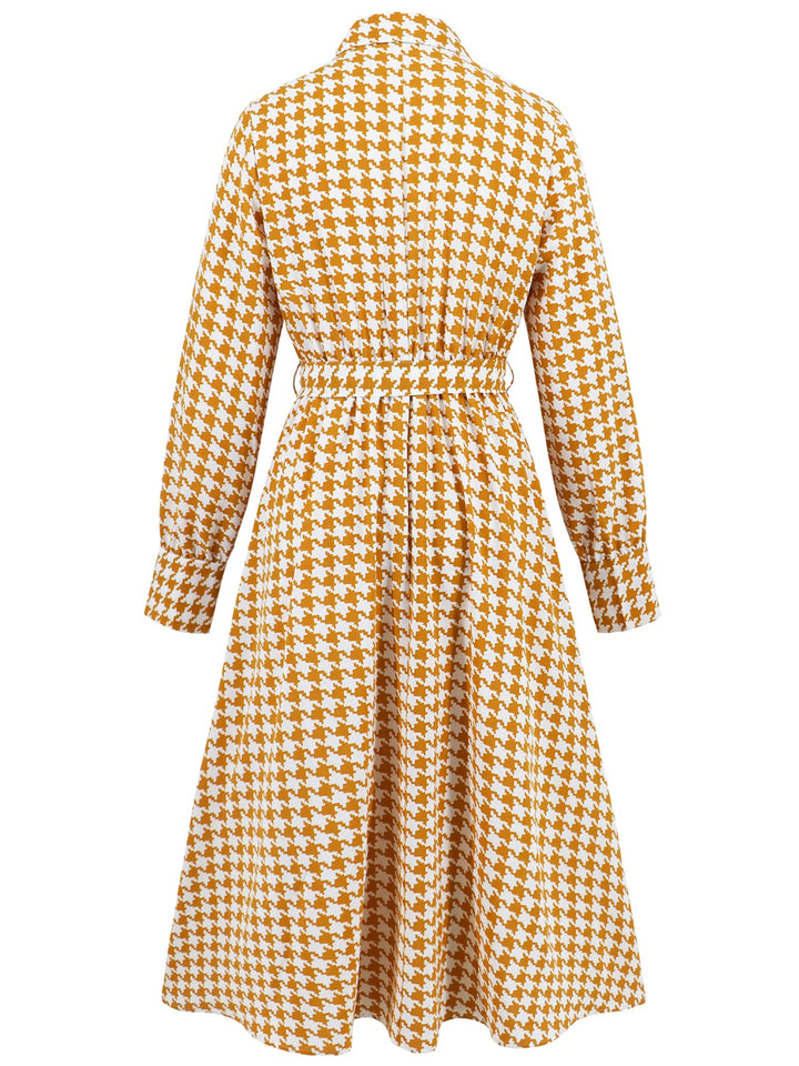 Tied Houndstooth Long Sleeve Midi Dress | Trendsi