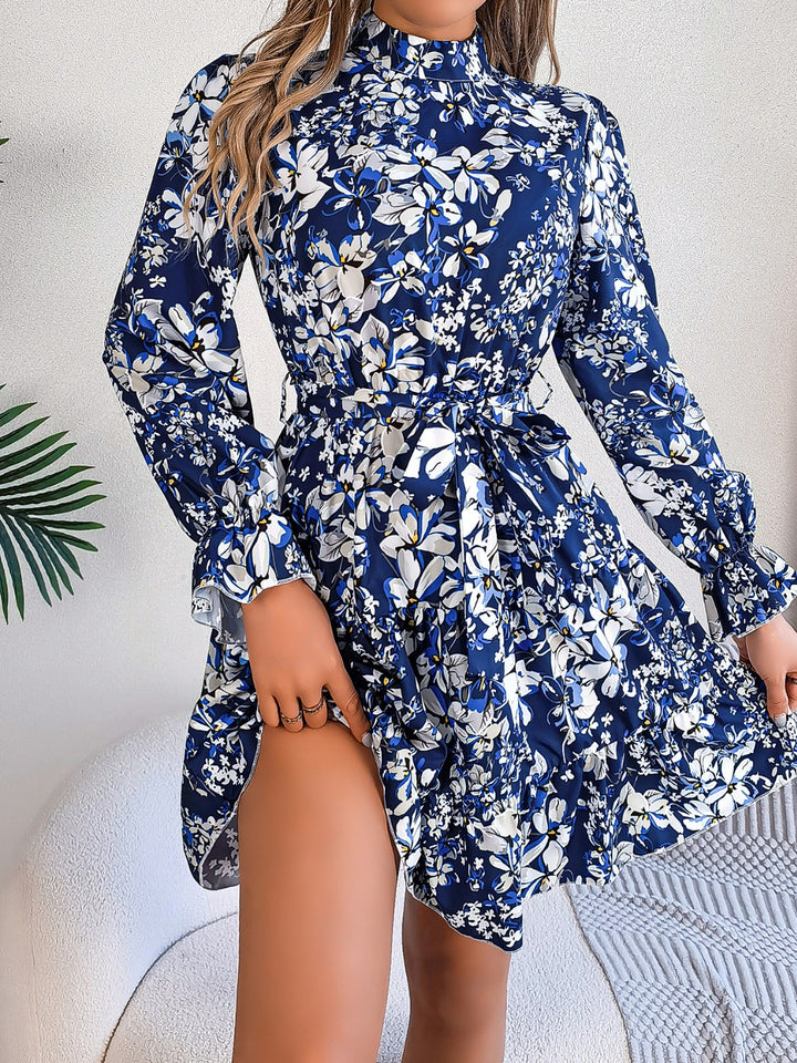 Printed Mock Neck Flounce Sleeve Mini Dress | Trendsi