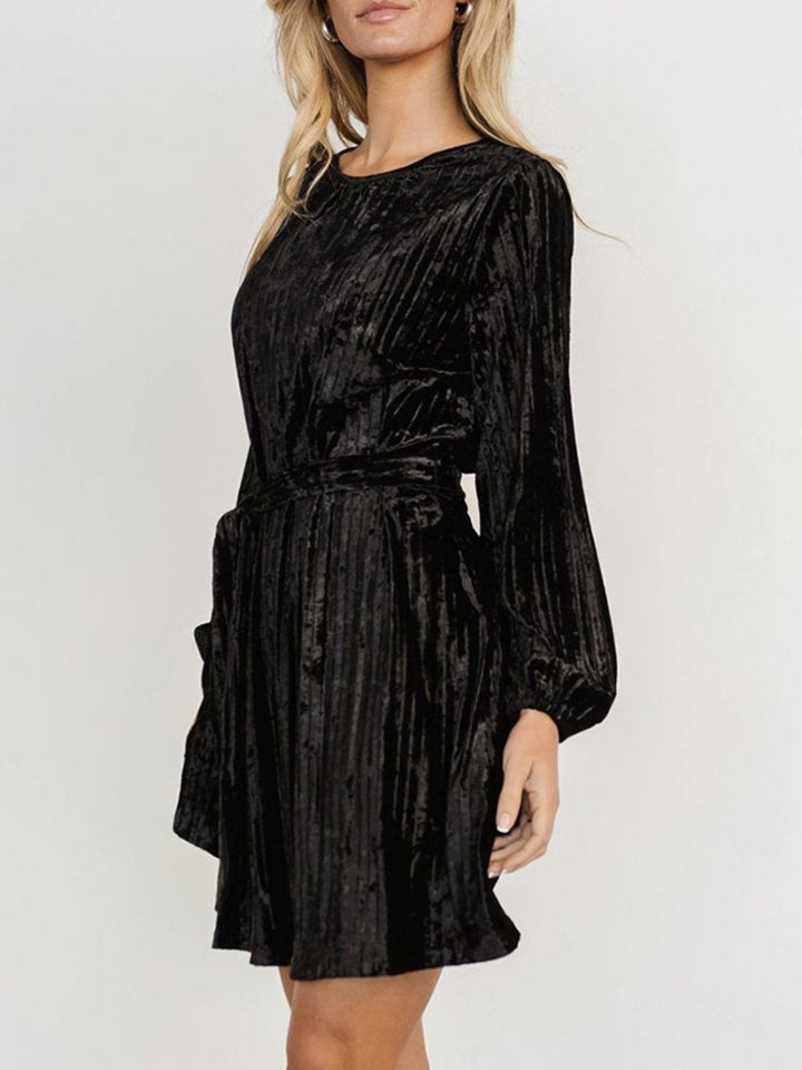 Velvet Round Neck Tie Waist Long Sleeve Mini Dress | Trendsi