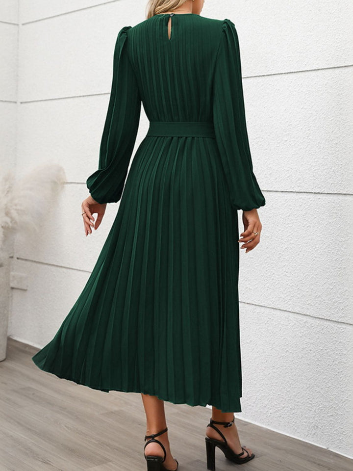 Perfee Pleated Round Neck Long Sleeve Midi Dress | Trendsi